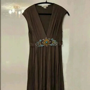 V-Neck, Beaded Belt Brown  Dress